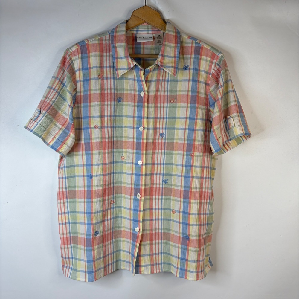 Alfred Dunner Button Down Shirt Women 18 Multi Plaid Embroidered Short Sleeve